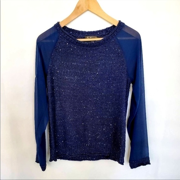 INC Navy Sequin Knit Top Sz S NWOT - Picture 1 of 7